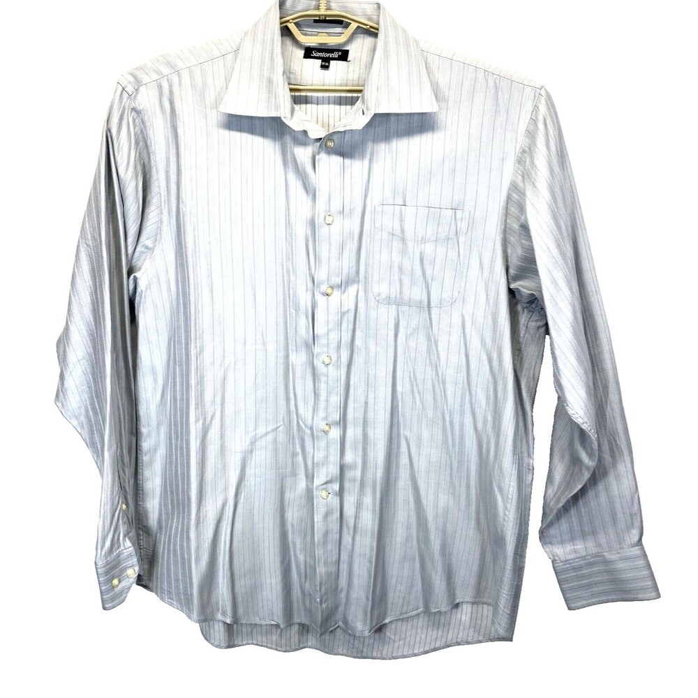 Santorelli Men's Dress Shirt 17.5 XL Blue Stripe Herringbone Luxury Cotton
